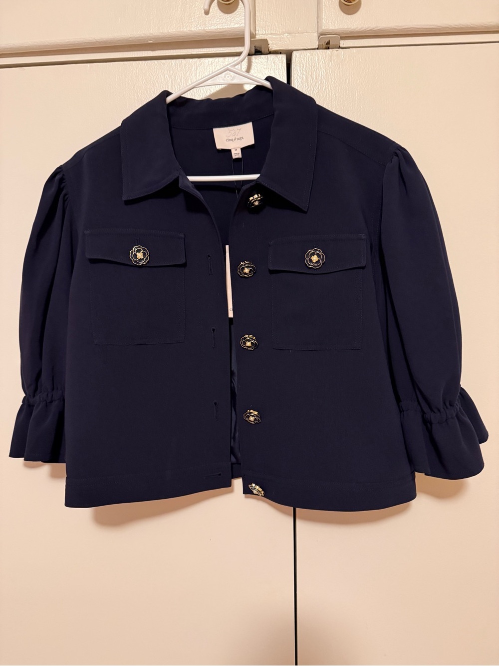 cinq a sept Navy Short Puff-Sleeve Blazer with Gold Buttons
